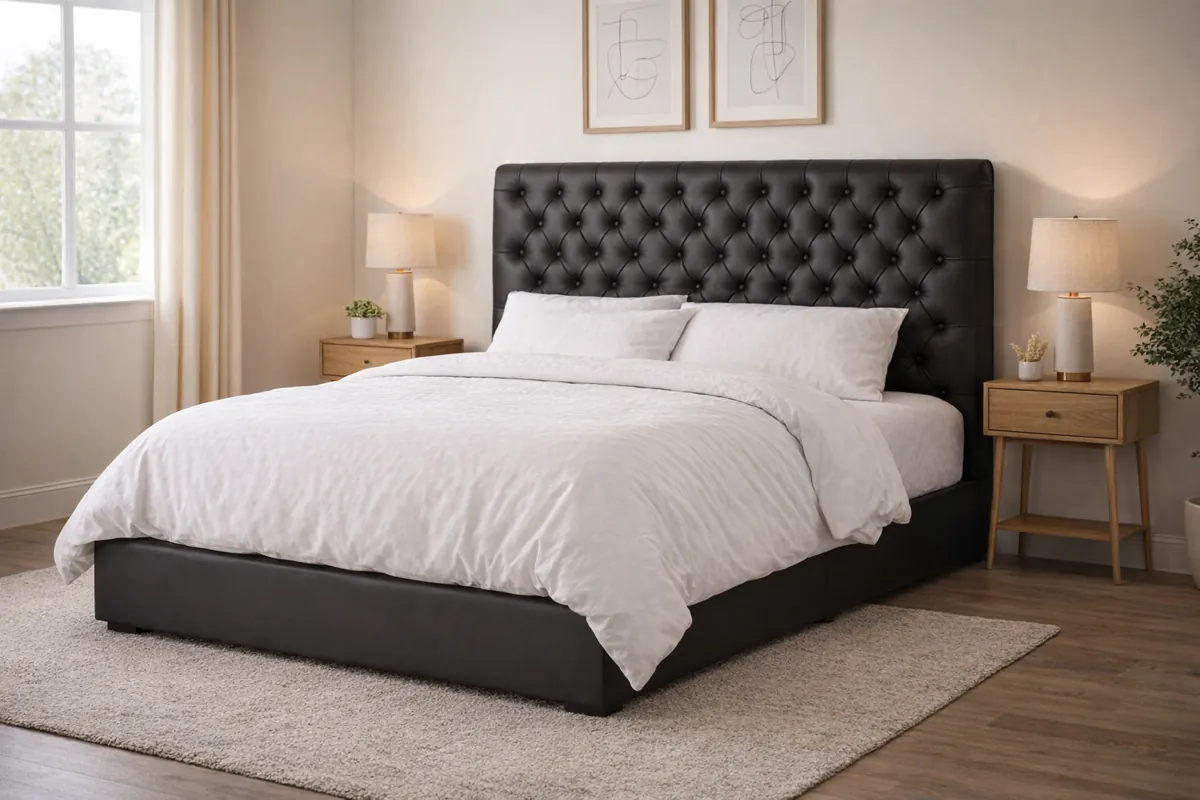 Deep buttoned headboard with piping