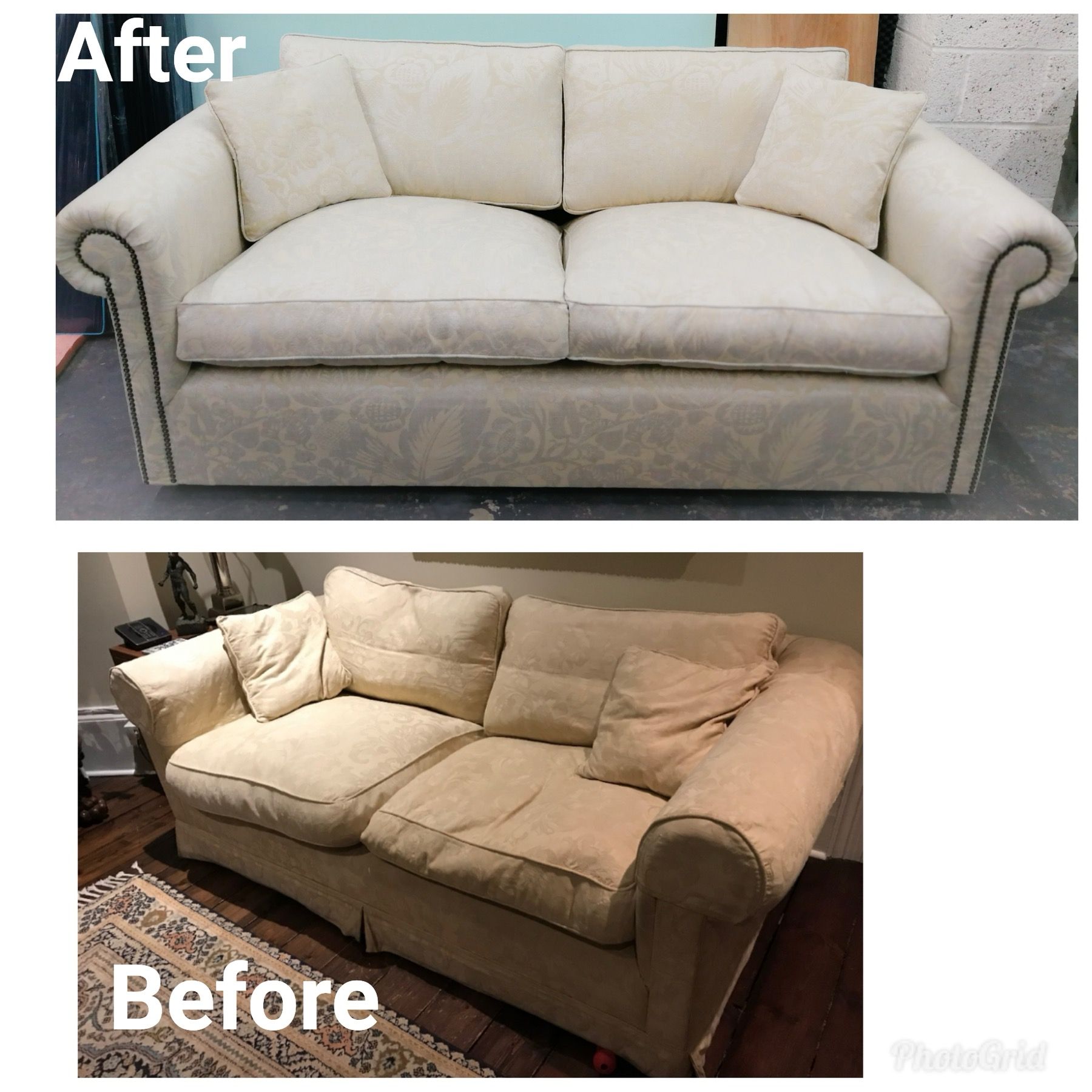 Cream fabric sofa before and after reupholstery