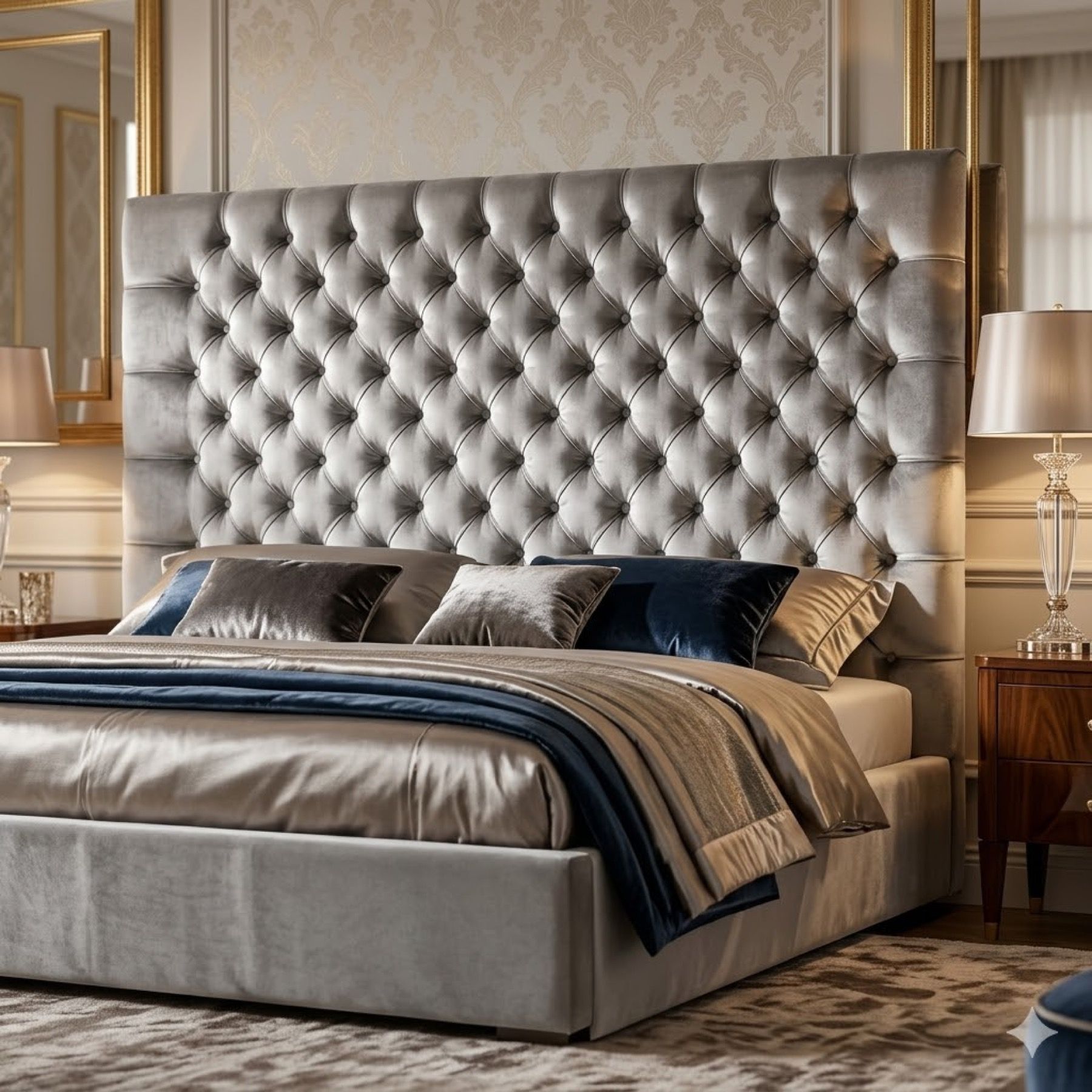 Deep buttoned upholstered headboard detail