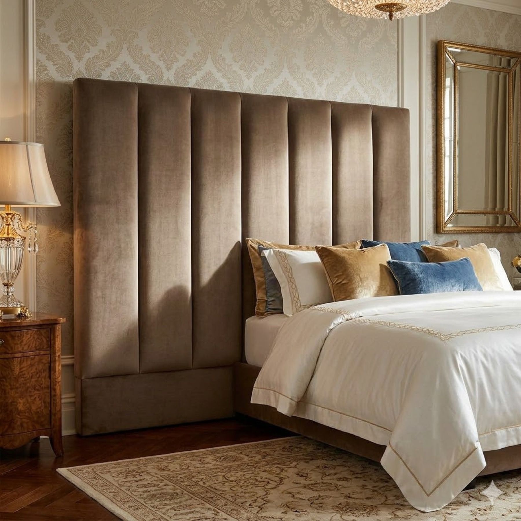 Fluted upholstered headboard with vertical channel detail